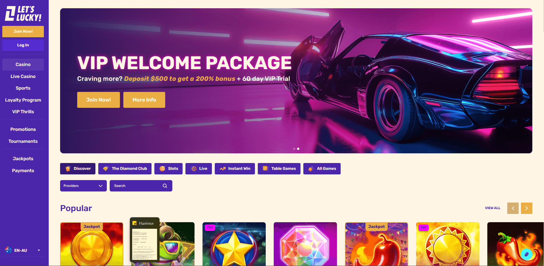 letslucky online casino main page